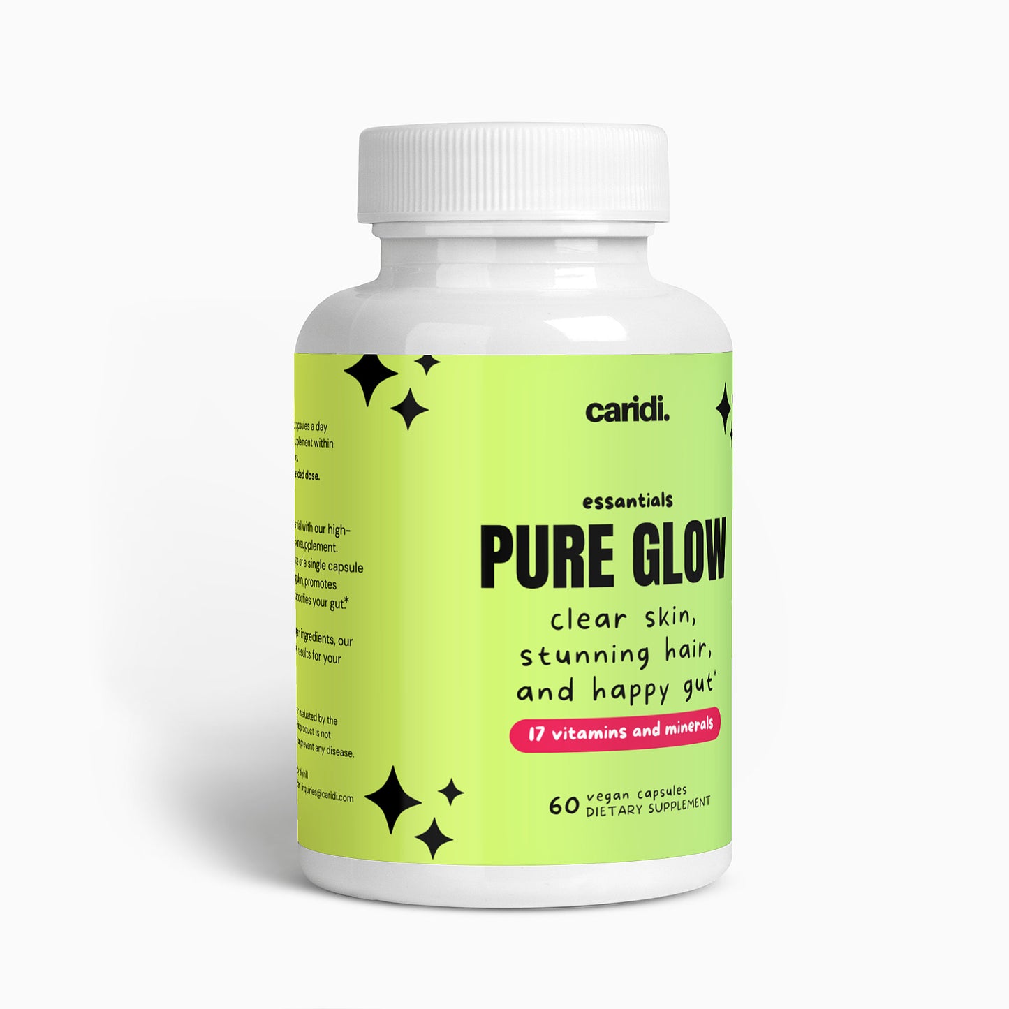 Bottle of pure glow skin supplement capsules for clear, acne-free, and glowing skin.